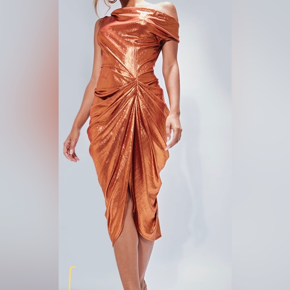 Rust metallic off shoulder draped midi dress